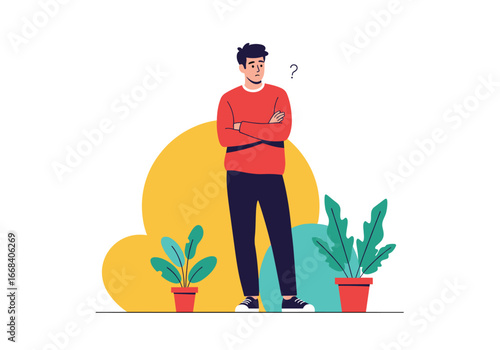 Perplexed man stands with arms crossed surrounded by potted plants and abstract shapes