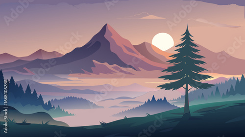 Vector art of a serene mountain landscape featuring a tranquil lake, misty fog, and a vibrant sunset, creating a peaceful and idyllic scene for nature lovers