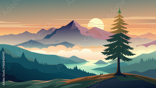 Vector art of a breathtaking mountain landscape at sunset, featuring a solitary pine tree silhouetted against the colorful sky, evoking a sense of tranquility and natural beauty