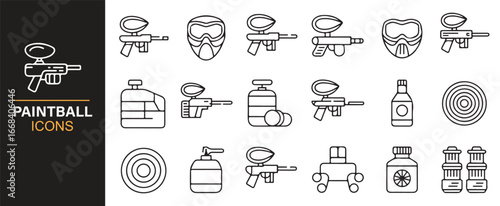 Paintball icon set representing safety gear, shooting equipment, and action sports.