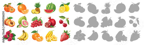 A colorful assortment of tropical fruits, including watermelon, oranges, bananas, strawberries, and pineapples. Concept of freshness and variety, with vibrant fruit illustrations and silhouette icons