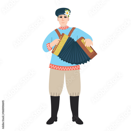 An accordionist in a Russian costume stands and plays the accordion