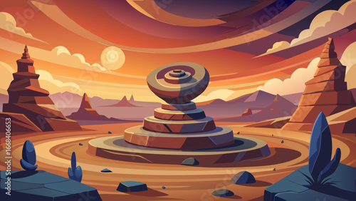 Vector art of a surreal desert landscape with a stone cairn, evoking a sense of zen, peace, and spiritual harmony in a tranquil and meditative setting