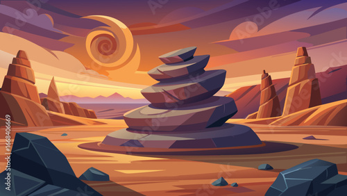Vector art of a surreal desert landscape with a stone cairn, evoking a sense of zen, peace, and spiritual harmony in a tranquil and meditative setting