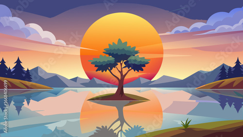 Vector art of a serene lake landscape at sunset, featuring a tree on a small island with its reflection, evoking peace, calm, and tranquility