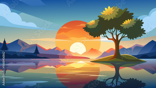 Vector art of scenic sunset landscape with a tree on an island in a lake, mountains in the background, and a colorful sky reflecting in the water