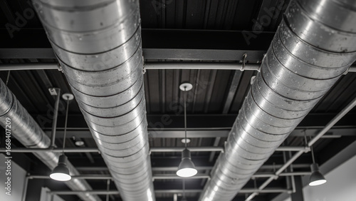 Industrial design metal pipes ceiling modern architecture lighting fixtures urban space ventilation system black and white