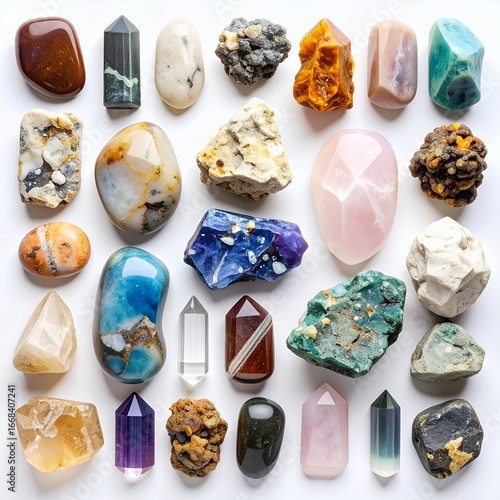 Collection of diverse mineral specimens and gemstone rough arranged neatly on white background