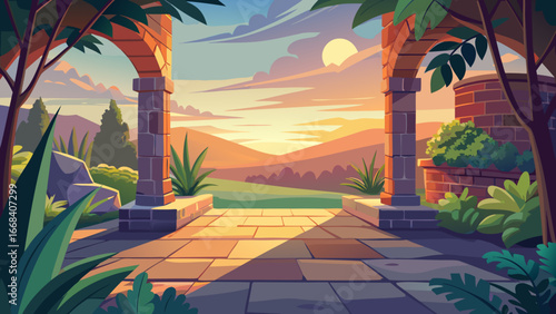 Vector art of charming garden view with stone arches framing a picturesque sunset over rolling hills, creating a peaceful and inviting mediterranean landscape