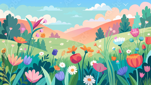 Vector art of a vibrant spring landscape with colorful flowers in a field, showcasing the beauty of nature and the freshness of the season