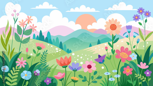Vector art of a serene spring landscape with colorful flowers blooming in a field, rolling hills, and a gentle sun, creating a peaceful and vibrant scene