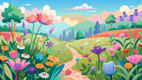 Vector art of a vibrant spring landscape with colorful flowers blooming in a lush meadow, a winding path leading through rolling hills under a bright blue sky