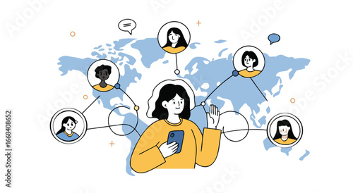 Global Connections Through Mobile Technology Connecting People Worldwide Via Smartphone
