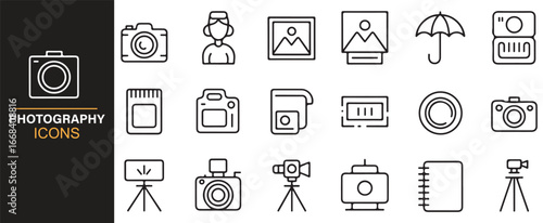 Outline icons of photography gear including cameras, tripods, and memory storage.
