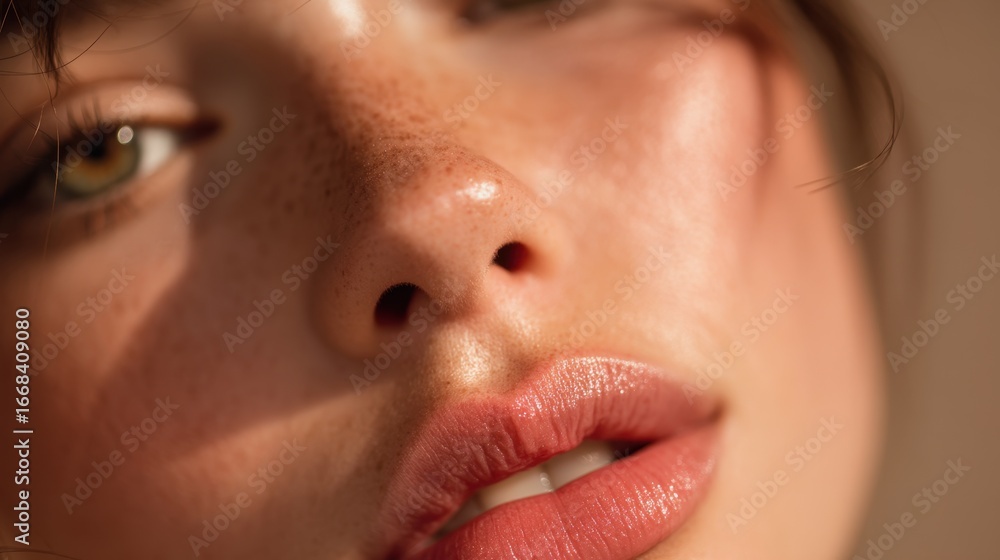 Naklejka premium Close-Up of a Young Woman's Face Highlighting Natural Beauty and Freckles in Soft Lighting Conditions