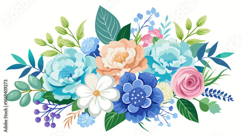 Vector art of a delicate watercolor floral bouquet featuring roses and peonies, perfect for spring themed designs