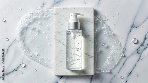 Luxury facial cleanser mockup with water droplets on a chic marble slab and purple flower accent