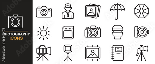 Modern vector icons showing photo equipment, editing tools, and portrait frames.