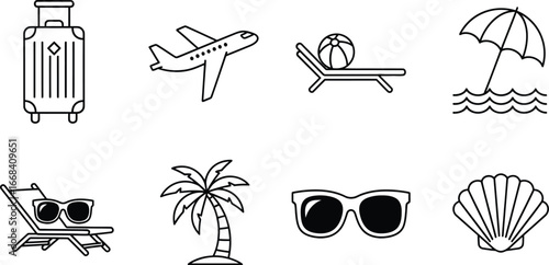 Collection of summer vacation icons including a suitcase, airplane, beach chair, palm tree, and sunglasses.