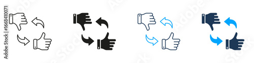 Thumbs Up And Down With Arrows Line And Solid Icon Set. Feedback And Opinion Exchange Symbol Collection. User Interaction And Decision-Making Process. Isolated Vector Illustration