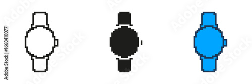 Pixelated Smartwatch Icon Set. Time and Wearable Technology Symbol in Pixel Art Style. Digital Smartwatch or Timepiece. Isolated Vector Illustration