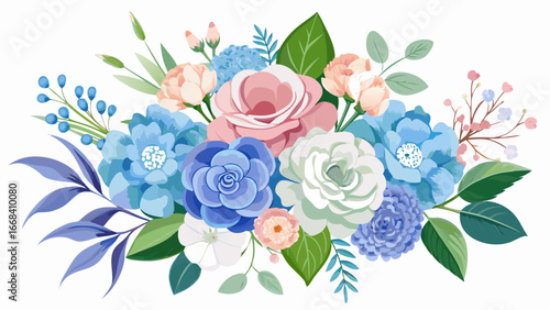 Vector art of charming floral bouquet with roses, hydrangeas, and lush foliage, ideal for decorative purposes