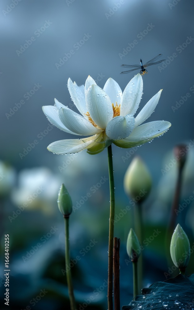 Obraz premium Minimalistic Beautiful Lotus in Full Bloom with Water Reflection, Soft Warm Morning Light, Raining Day, Bright Bokeh Background, Ample Negative Space for Text or Branding, Peaceful and Natural Composi