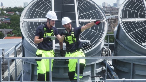 Technicians discussing HVAC system on rooftop