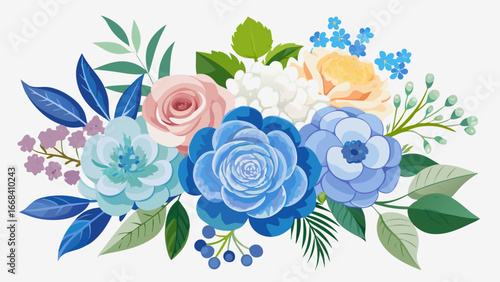 Vector art of watercolor floral bouquet with roses and various flowers, perfect for wedding invitations and greeting cards