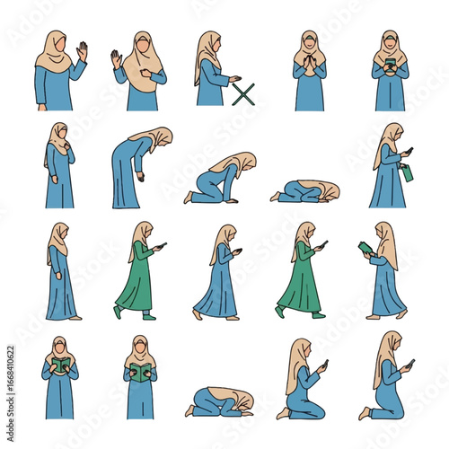 Collection of illustrations depicting a Muslim woman in various poses, wearing a hijab and modest clothing, engaged in different activities.