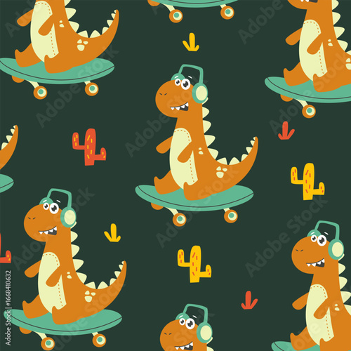 dinosaur t-rex seamless pattern cartoon vector design fullprint green fabric for kids apparel