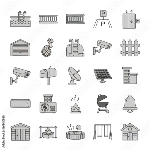 Grey line icons depicting various outdoor and home amenities.