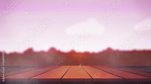 Table with Space for an Object and Misty Evening Landscape Background with Copy Space for Text	
