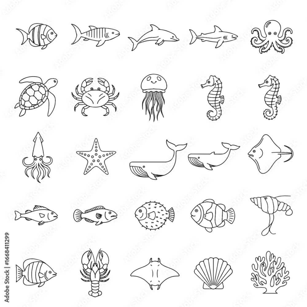 Obraz premium Collection of outline drawings of various marine animals including fish, crustaceans, and other sea creatures.