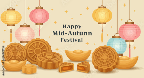 Happy mid autumn festival illustration with lanterns mooncakes and golden ingots on a light background