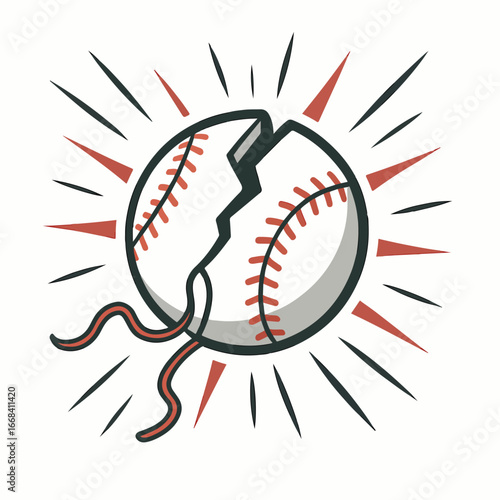 Exploding Baseball A Dynamic Sports Illustration with Retro Sunburst Effect