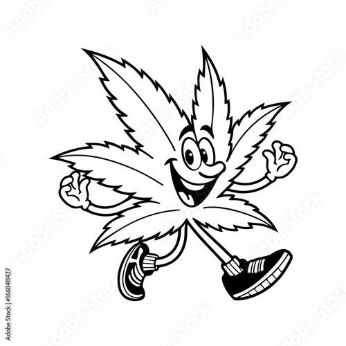 A cartoon character cannabis leaf is walking cheerfully. Vector outline sketch in retro groovy doodle style