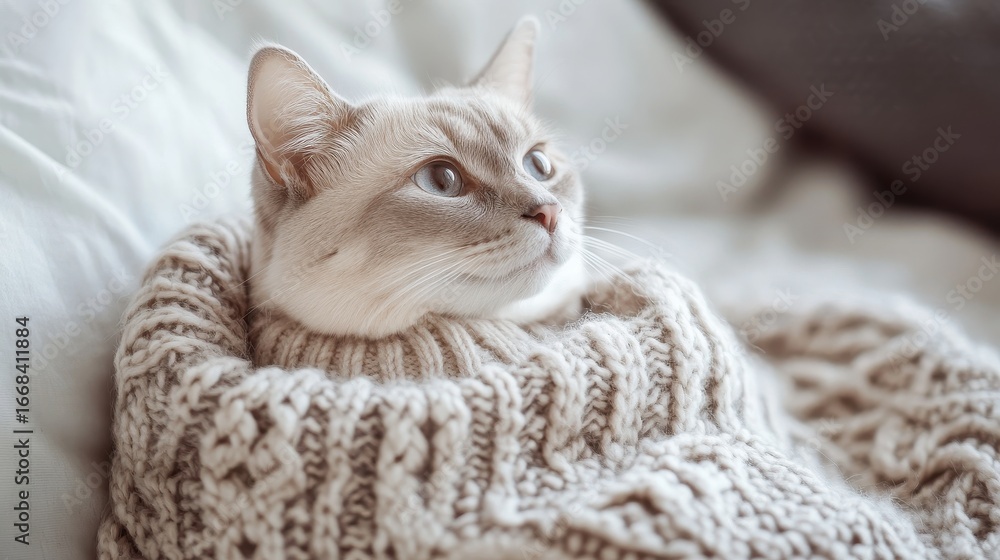 Naklejka premium Cozy winter pet sweater made of knitted wool in beige and gray tones, intricate pattern, stylish and warm, lifestyle pet fashion photography.