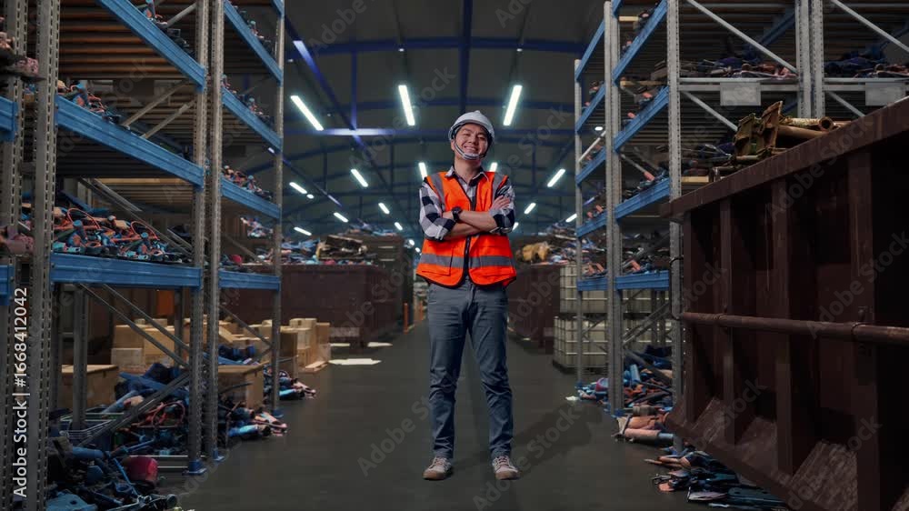 Full Body Of Asian Male Engineer With Safety Helmet Crossing His Arms And Smiling To Camera While Standing, Industrial Scrap Metal and Recycling Warehouse