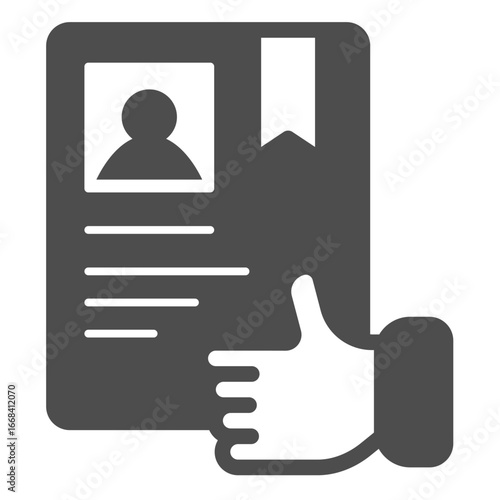 Certificate of course and thumb up hand solid icon, driver license concept. Vector graphics. Driving school document sign on white background, glyph style icon for mobile or web design.