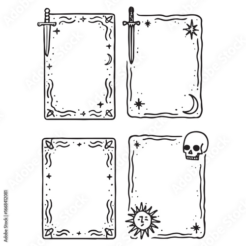 Tarot card frame set, vector hand drawn doodle fantasy border, spiritual mystic game vector