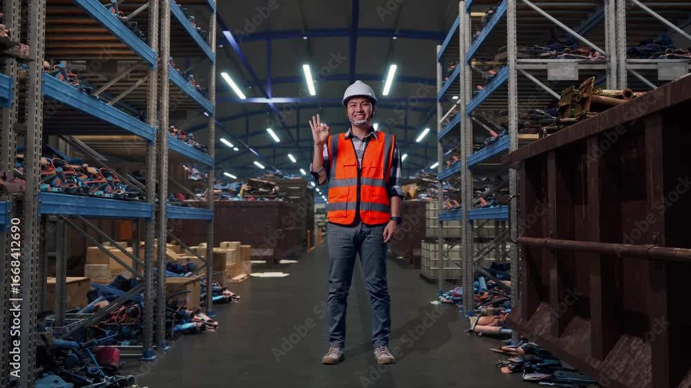 Full Body Of Asian Male Engineer With Safety Helmet Smiling And Showing Okay Gesture To The Camera While Standing, Industrial Scrap Metal and Recycling Warehouse