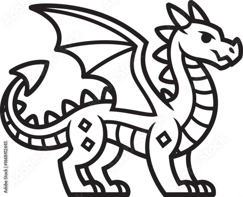 Stylized Dragon Illustration with Geometric Patterns and Bold Outlines Mythical Creature
