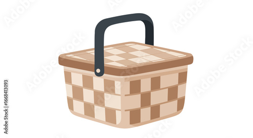 Illustration of woven picnic basket with handle and lid for outdoor dining and food transport use case on transparent background