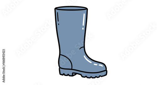 Illustration of a blue rubber rain boot footwear for outdoor activities and garden work equipment on transparent background