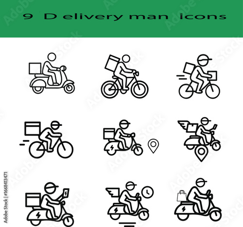 Collection of nine delivery man icons on scooters and bicycles
