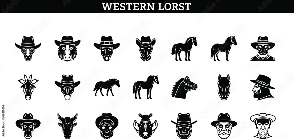 Fototapeta premium “Western Lorst” icon set—20 stylized black-and-white illustrations of cowboys, horses, bulls, and western characters for thematic branding, UI avatars, and folklore-inspired UX