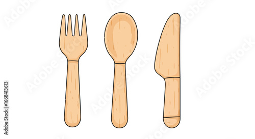 Light wood cutlery set fork spoon knife kitchen utensils dining silverware tableware cooking equipment design art on transparent background