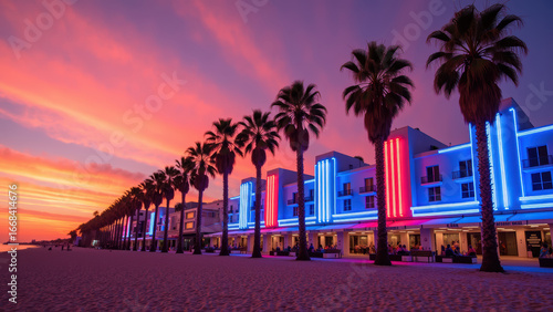 Vibrant sunset over beachside promenade lined with palm trees and illuminated buildings, creating lively atmosphere