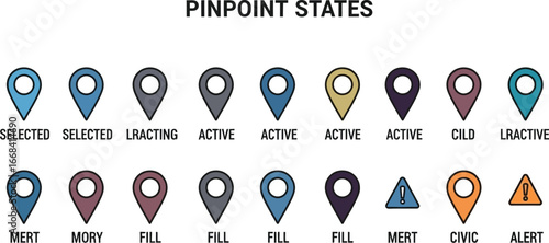 “PINPOINT STATES” modular icon set—18 map pins with varied colors and labels for location-based UX, status indicators, and alert systems in mapping and navigation platforms